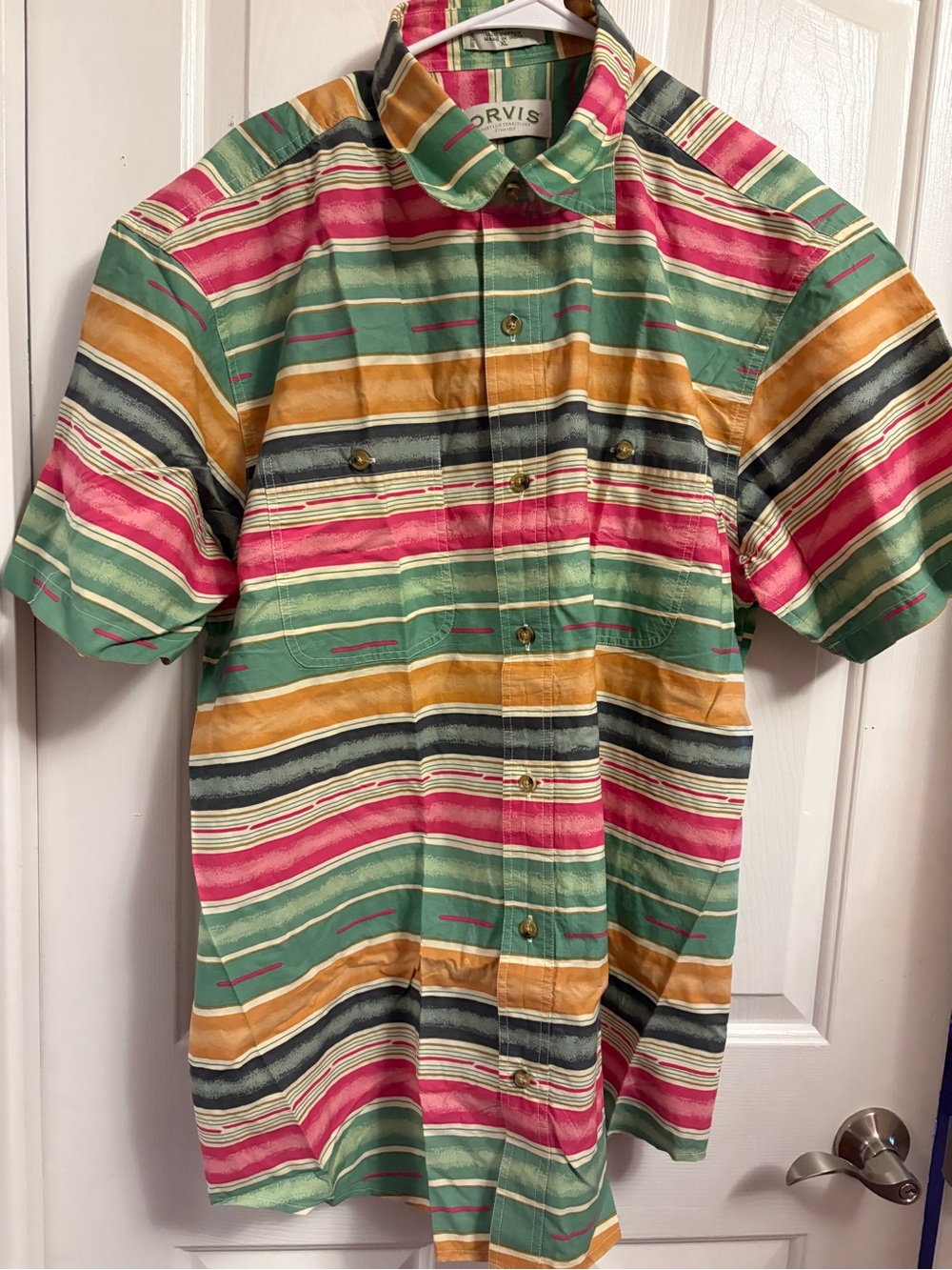 Orvis Men’s Short Sleeve Striped Button-Up Shirt - Green/Pink/Gold/Black